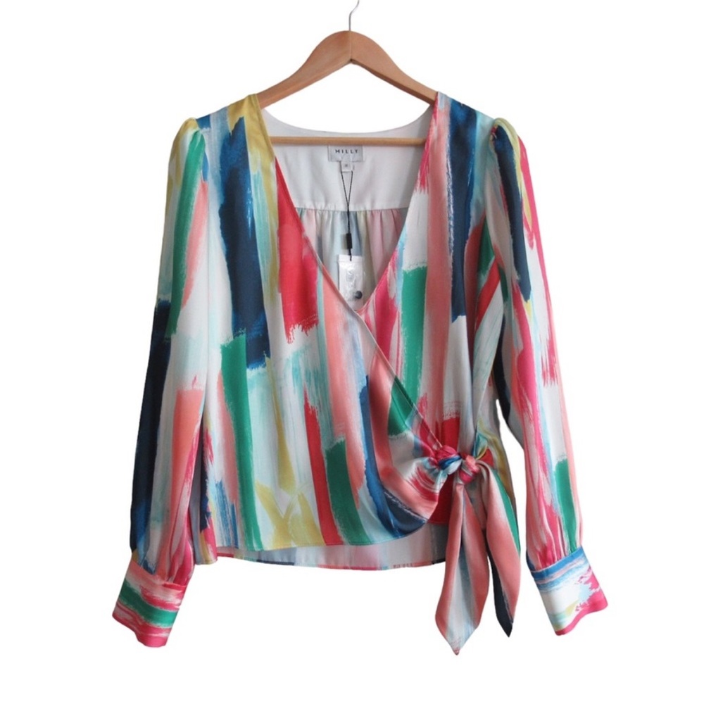 Milly Watercolor Brushstroke Wrap Blouse Size Medium Long Sleeves V-Neck Artist